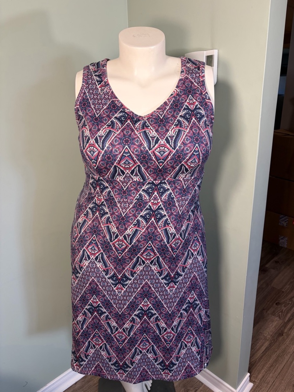 128. North Face Sleeveless V-Neck Printed A-Line Dress in Purple and Pink